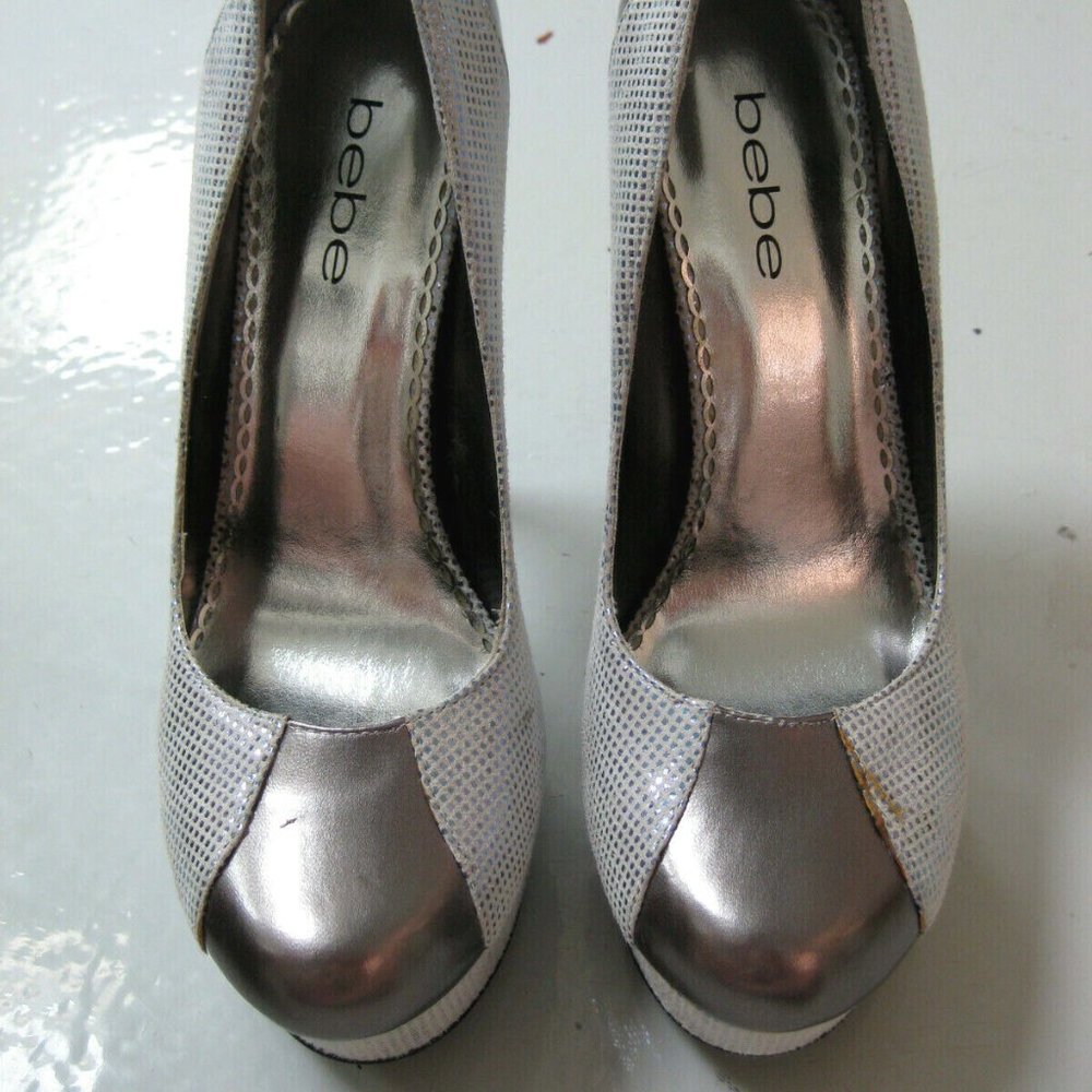 bebe Pewter Silver Metallic Pamelia Platform Polka Dot Pumps Size 8 Stiletto